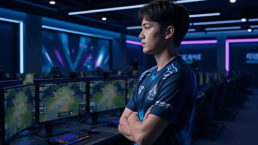 Esports coach analyzing League of Legends gameplay in tournament facility before MSI 2026 competition