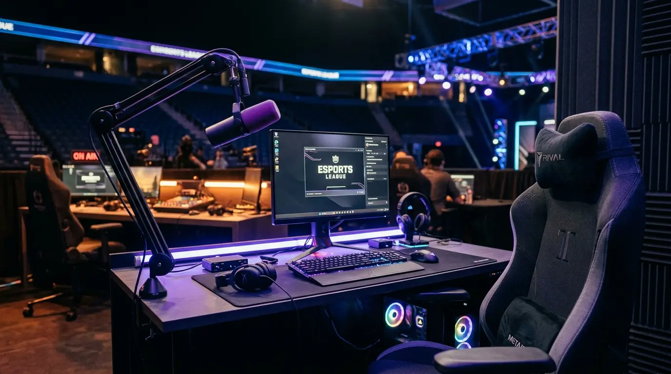Empty esports gaming setup with broadcast microphone, symbolizing transition from pro player to caster