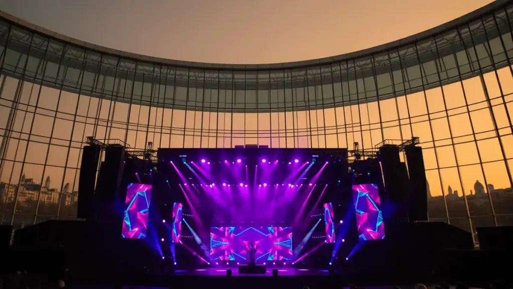 Concert stage with purple lighting at Seine Musicale venue in Paris at dusk