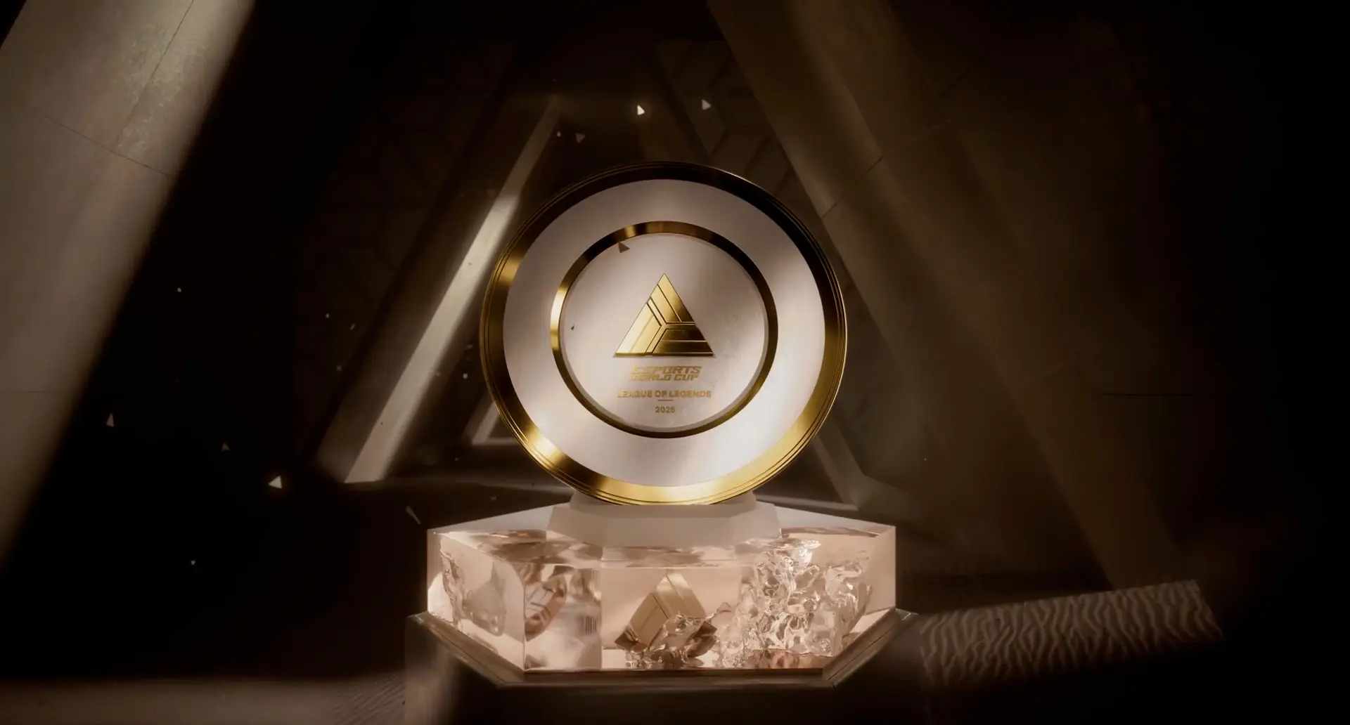 Esports World Cup trophy for League of Legends 2025, elegantly displayed.