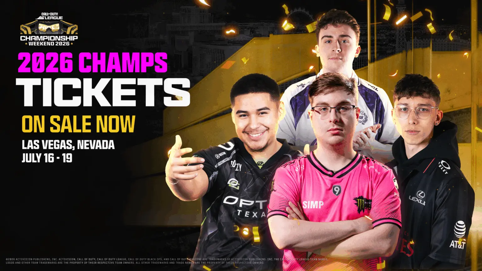 Promotional image for Call of Duty League Championship 2026 featuring four players.
