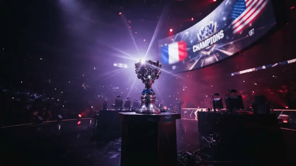 Championship trophy on esports stage with dramatic lighting and arena atmosphere