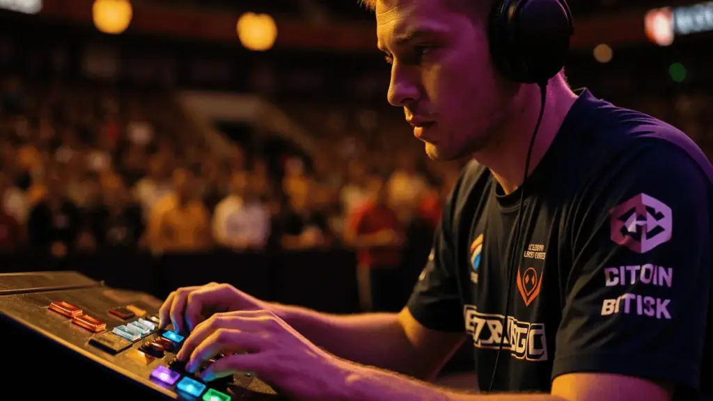 Professional Street Fighter player competing intensely at EVO Vegas tournament with arcade stick