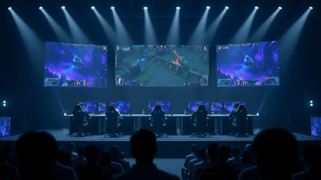 Empty esports stage with blue lighting at MSI 2026 tournament venue in Daejeon, South Korea
