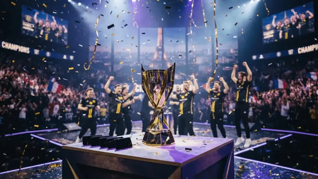 Team Vitality esports championship trophy with dramatic stage lighting at EWC 2026 Paris