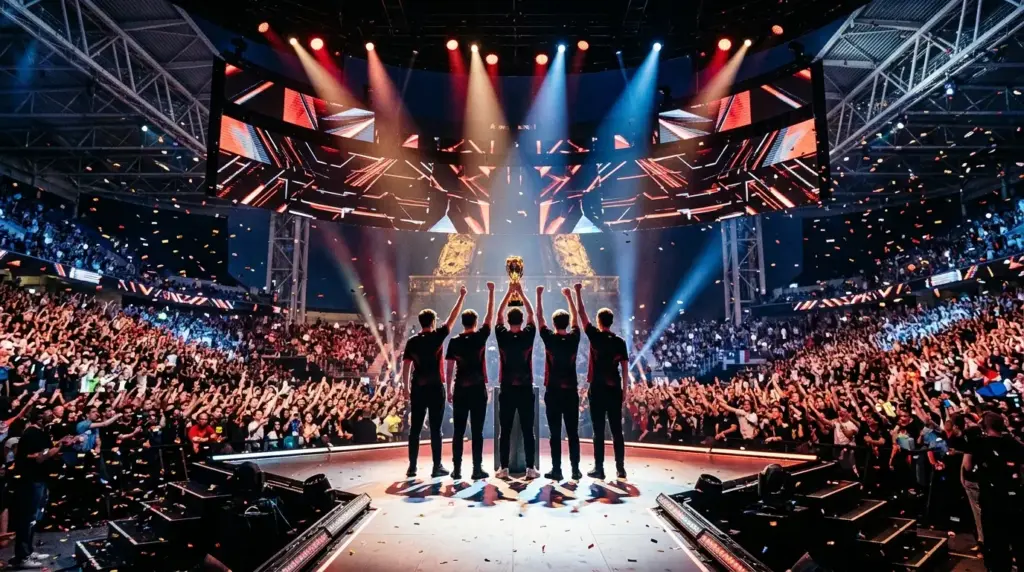 All Gamers-inspired esports team celebrates winning the EWC 2026 club championship in a Paris arena