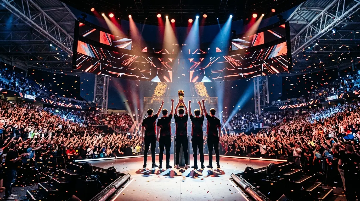 All Gamers-inspired esports team celebrates winning the EWC 2026 club championship in a Paris arena