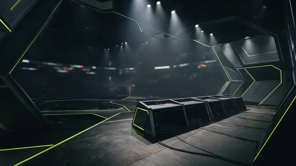 Empty Valorant esports stage under neon-lime lights after a French team’s tournament elimination