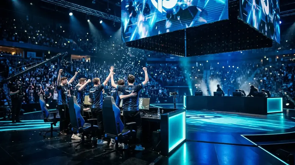 Karmine Corp players celebrate a dramatic Valorant European championship victory on an esports stage