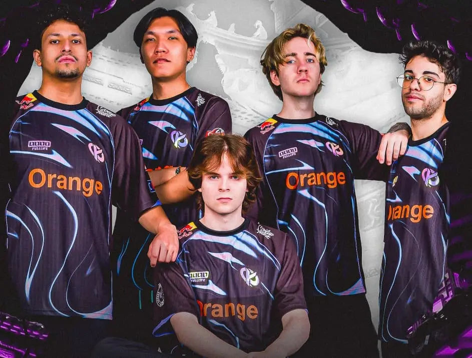 Five members of the Karmine Corp esports team wearing matching blue and black jerseys with Orange branding.