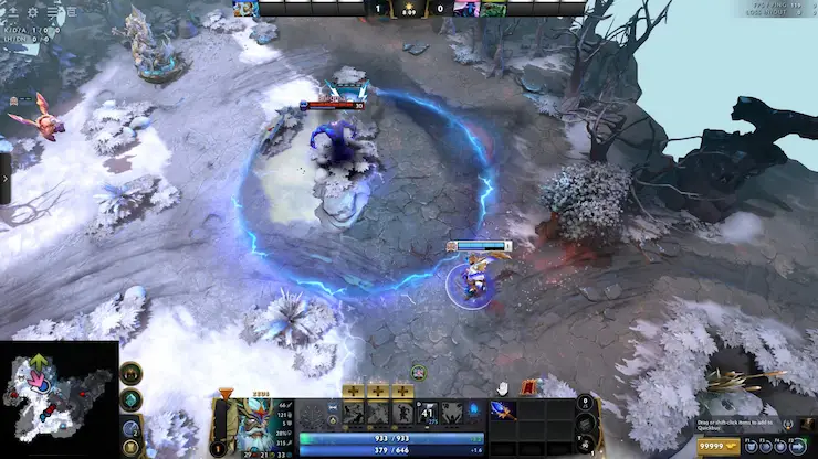 Dota 2のスクリーンショット。ゼウスがニンバスを使ってエニグマ周辺のエリアを制圧している様子が描かれている。