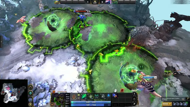 Dota 2のスクリーンショットで、アンダーロードがチームファイト中に複数のピット・オブ・マリスのゾーンを使って敵をルートしている様子がわかる。