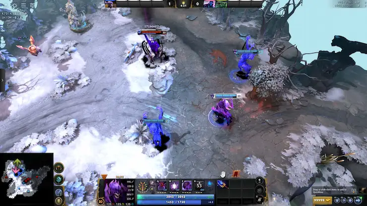 Dota 2のスクリーンショット。ベインが戦闘中にアガニムのセプター強化能力を使って複数の敵をコントロールしている様子が映っている。