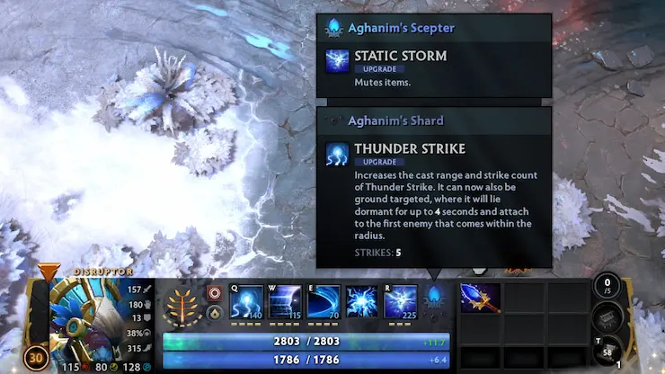 Dota 2のスクリーンショット。ディスラプターの「アガニムのセプター」アップグレードでスタティックストームが敵のアイテムをミュートする。