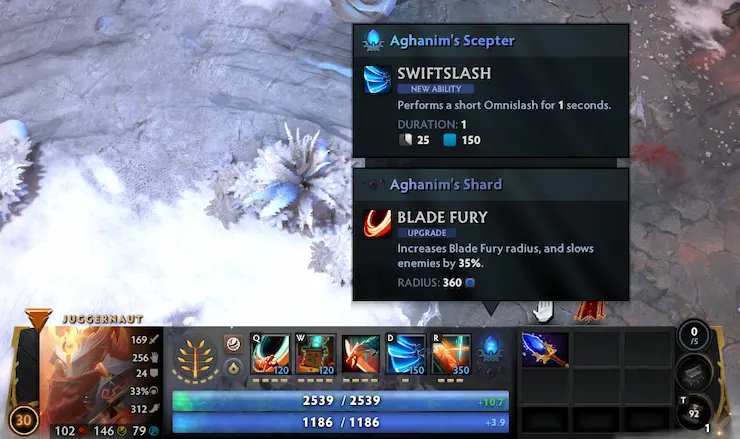 Dota 2のスクリーンショット。ジャガーノートがアガニムのセプターのアップグレードでスウィフトスラッシュのミニオムニスラッシュを獲得しているところ。