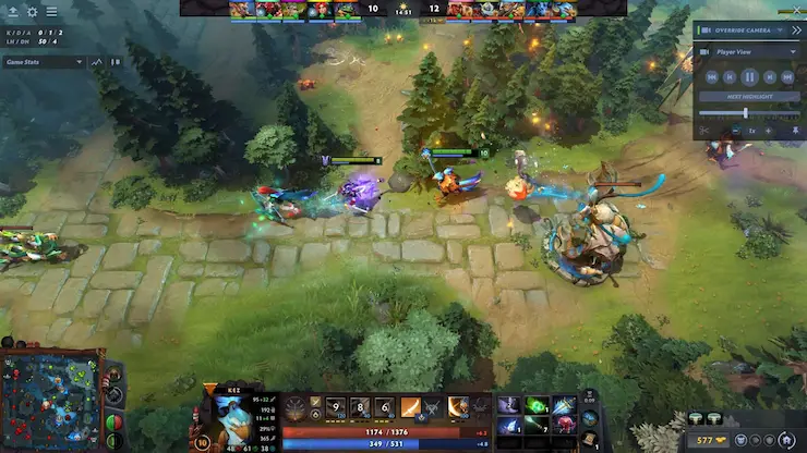 Dota 2 パッチ 7.40 序盤の小競り合いでレーンタワーの近くで戦う Kez