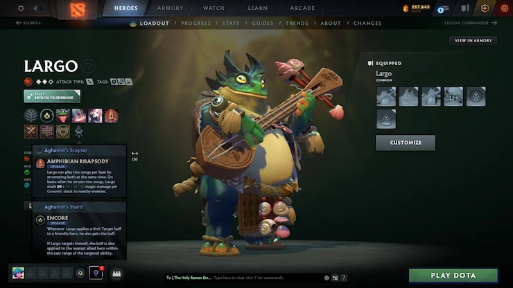 Dota 2のヒーロー、ラルゴが吟遊詩人をテーマにした楽器と能力とともにヒーローロードアウト画面に表示される