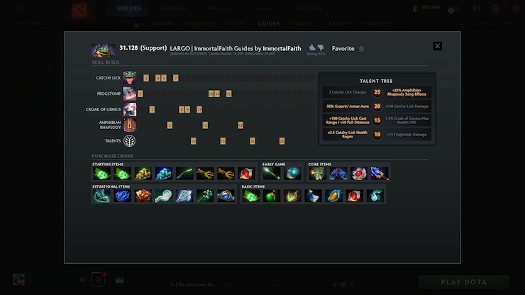 Dota 2 Largoのサポートガイドでは、スキルビルド、タレントツリー、推奨アイテムが紹介されています。