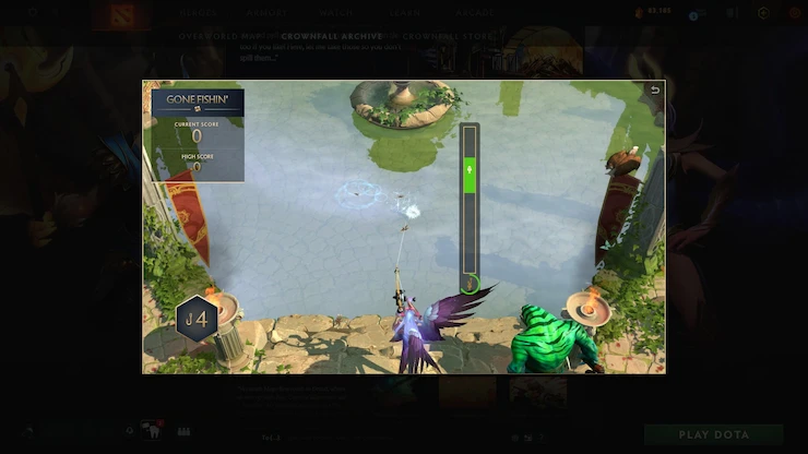 Dota 2のGone Fishin'ミニゲームでは、タイミングベースの釣りメカニクスを使用してヒーローが魚を釣り上げます。