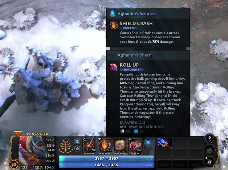 Dota 2のスクリーンショット。パンゴリアーの「アガニムのセプター」アップグレードでシールドクラッシュが強化され、スワッシュバックルが追加される。