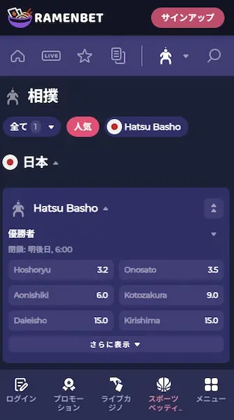 ブックメーカー 相撲：ラーメンベット