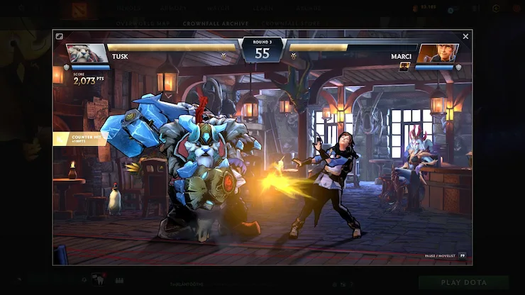 Dota 2のスリートファイターの決闘。酒場のアリーナでタスクがマーシーと殴り合う。