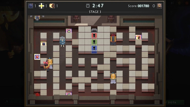 Dota 2のスプーンマンパズル迷路。プレイヤーは廊下、敵、インタラクティブなタイルを進んでいきます。