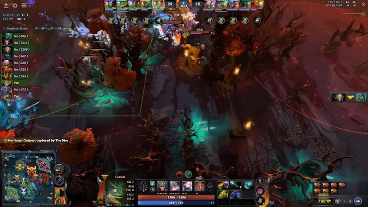 ダイア前哨基地近くの混沌とし​​たDota 2のチームファイトで味方をサポートするラルゴ