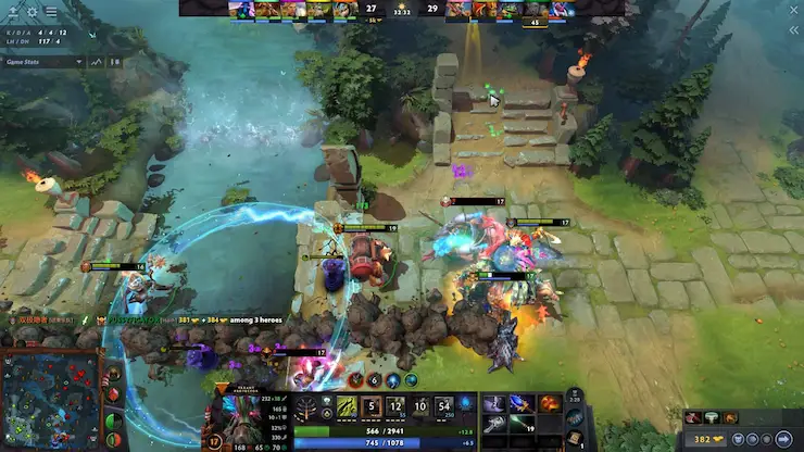 Dota 2 パッチ7.40のトレントプロテクターヒーローが、能力を発動した状態でチーム小競り合いで戦っている