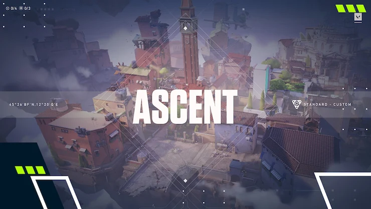 水上建築と中央広場のあるヴェネツィアにインスピレーションを得たVALORANT Ascentマップのロード画面アートワーク