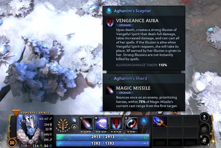 Dota 2のスクリーンショット。Vengeful SpiritのAghanim's Scepterアップグレードにより、死後も強力な幻影として復活できる。