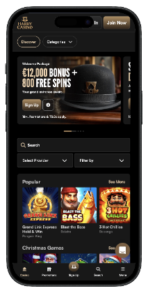 Harry Casino startpagina met welkomstbonus en casino games.
