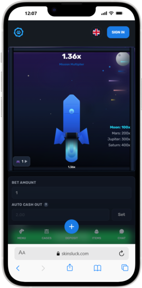 crash is een van de spellen waarop je kan gokken bij skinsluck