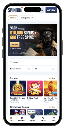 SpinDog welkomstpagina met bonussen en slots.