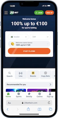20Bet hemsida från mobilen