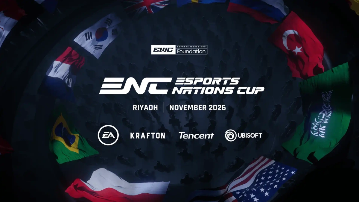 Logotyp för Esports Nations Cup 2026 i Riyadh med flaggor från olika länder