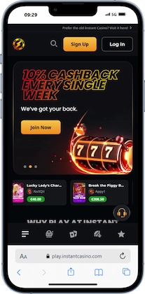 Instant Casino hemsida från mobil