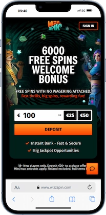Wizz Spin hemsida från mobilen