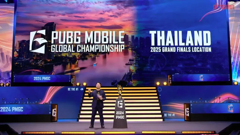 Scenpresentation som tillkännager Thailand som värd för PUBG Mobile Global Championship Grand Finals 2025, i typisk PUBG Mobile-eventstil