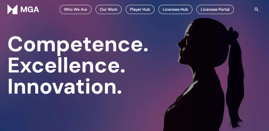 MGA licensens hemsida, kontur av kvinna som blickar mot orden "Competence, excellence, Innovation"