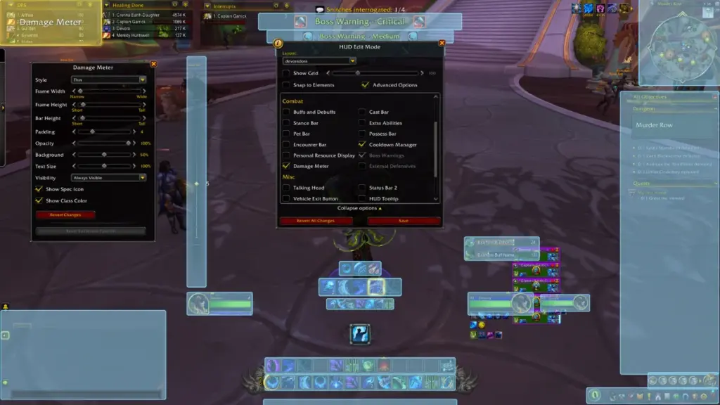 World of Warcraft UI som visar olika inställningar och funktioner