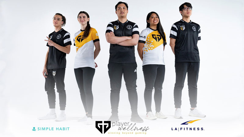 Gen.G Esports players posing in wellness campaign uniforms with Simple Habit and LA Fitness logos