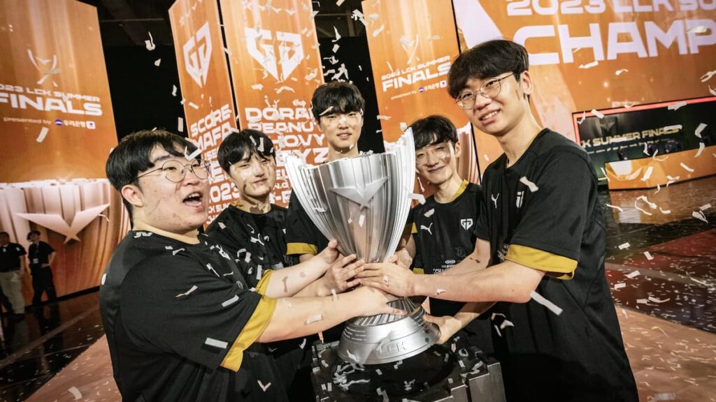 Gen.G League of Legends team celebrating a championship win on stage