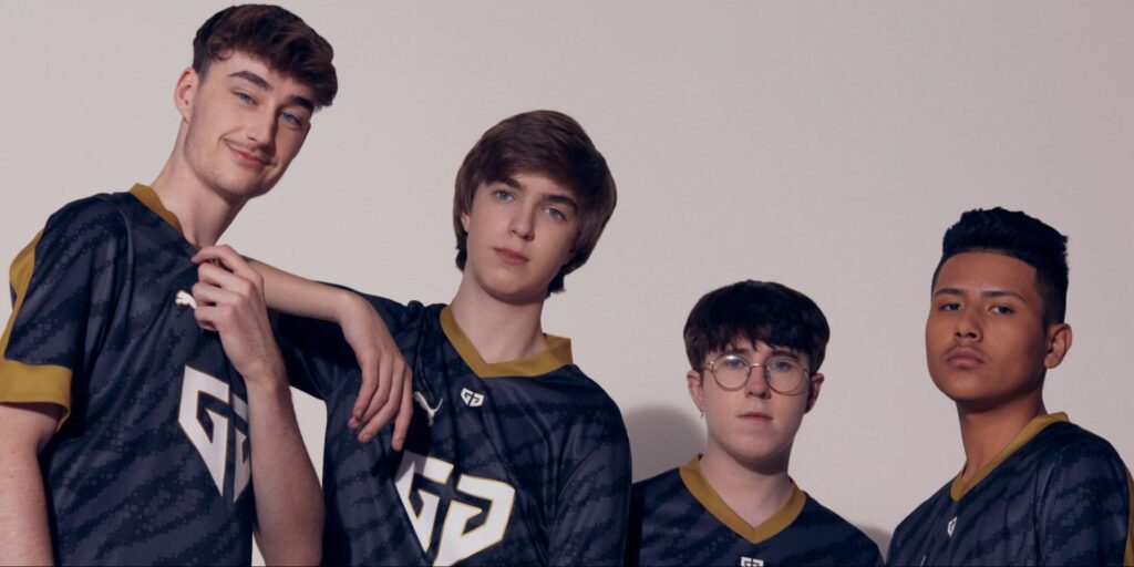 Gen.G Rocket League players posing in black and gold team jerseys