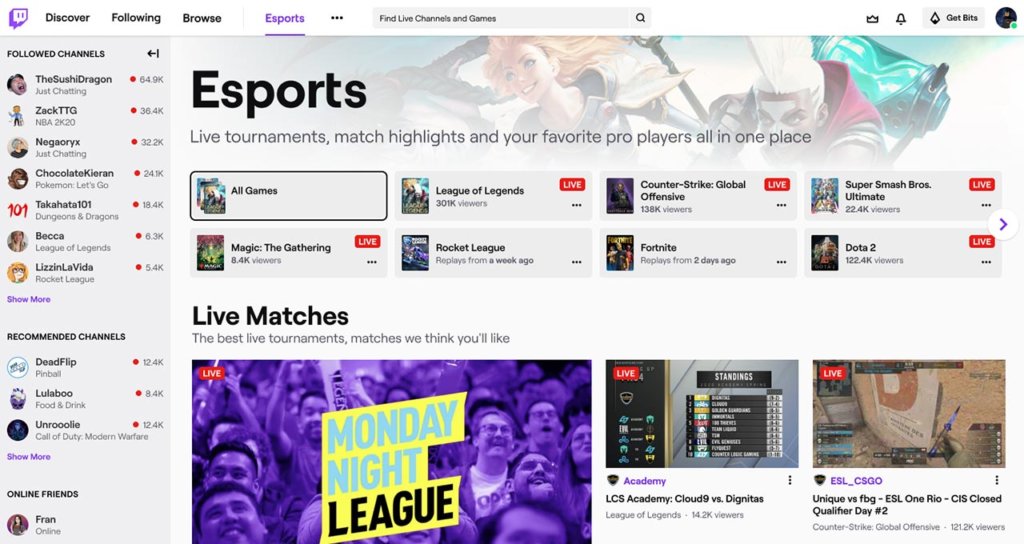 The Twitch Esports directory is finally here