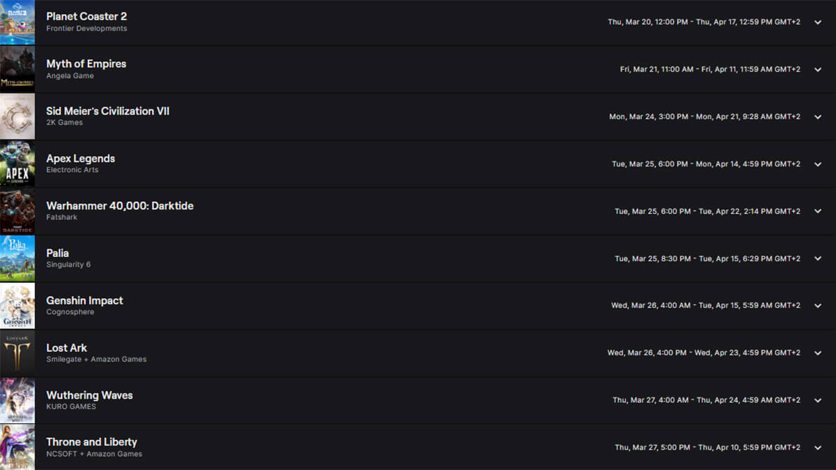 an example of the active games list that have twitch drop campaigns