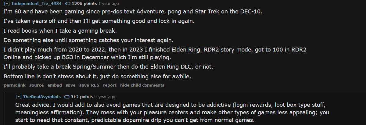 screenshot of a reddit comment about gaming burnout