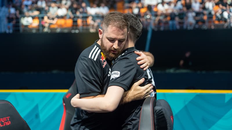 FalleN and molodoy hug each other after FURIA took a map from Spirit in the semifinals of PGL Astana 2025.