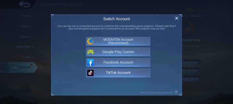 MLBB Account Options
