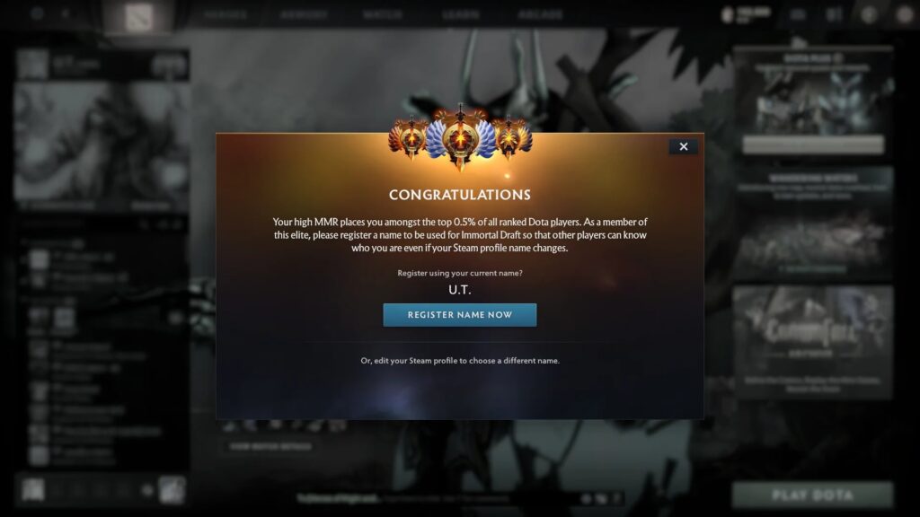 Dota 2 Immortal Draft registration screen congratulating a player for reaching top 0.5% MMR ranking